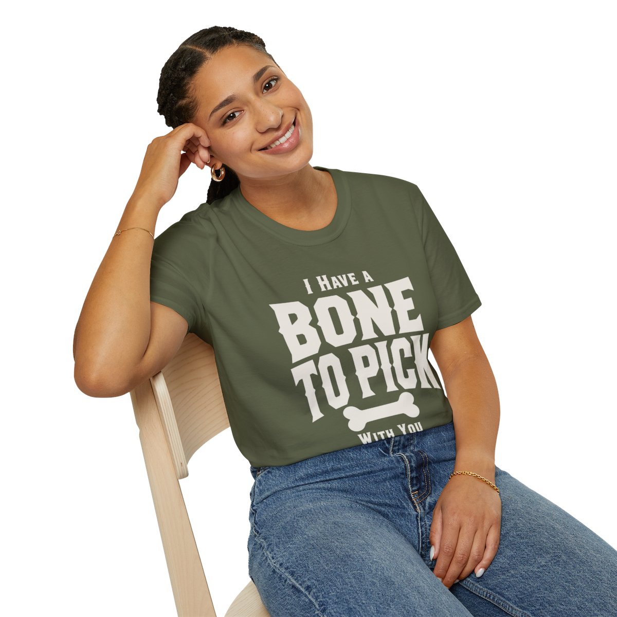 I Have a Bone to Pick With You Halloween T-Shirt in Military Green, worn by a model (lifestyle shot)