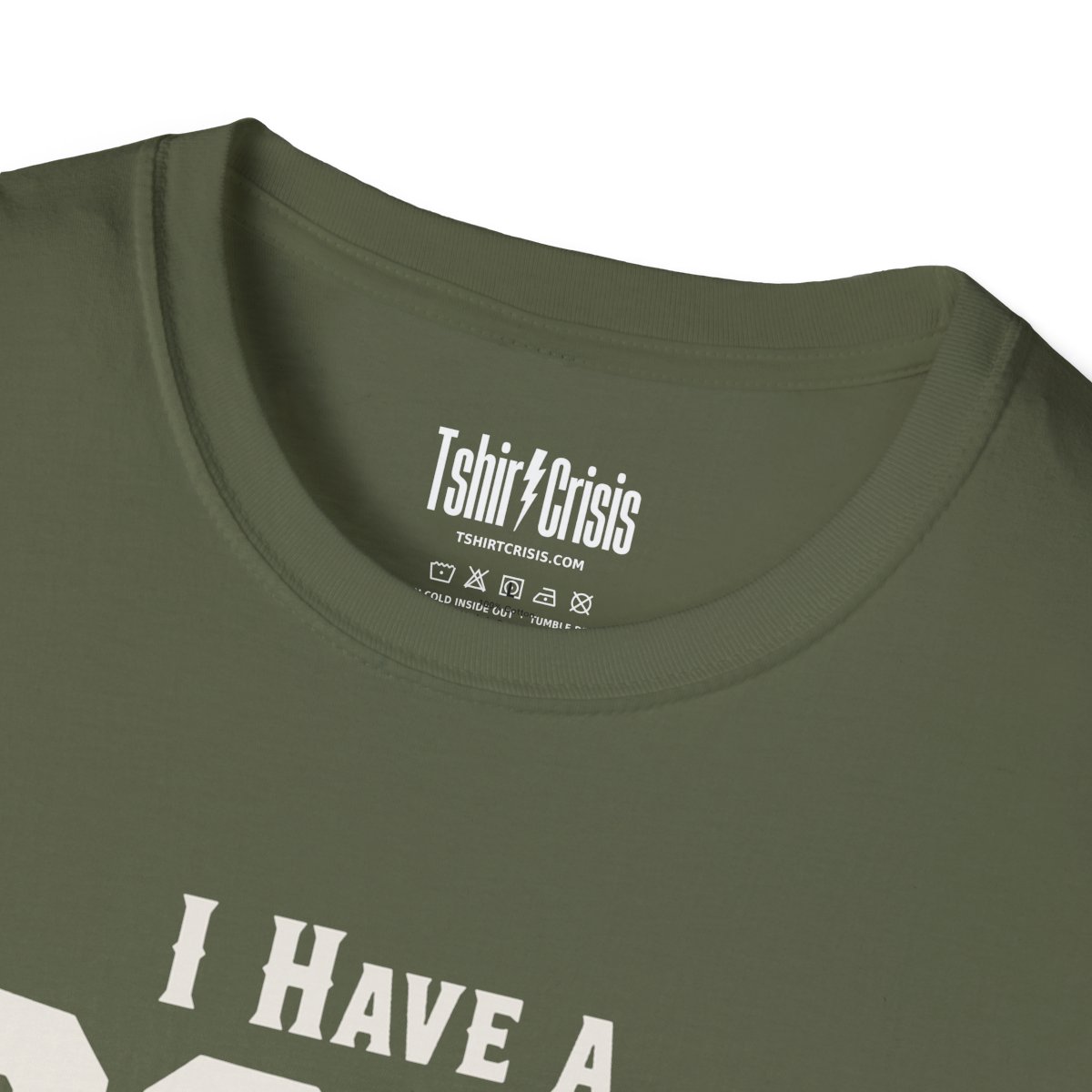 I Have a Bone to Pick With You Halloween T-Shirt in Military Green, branded inside neck label