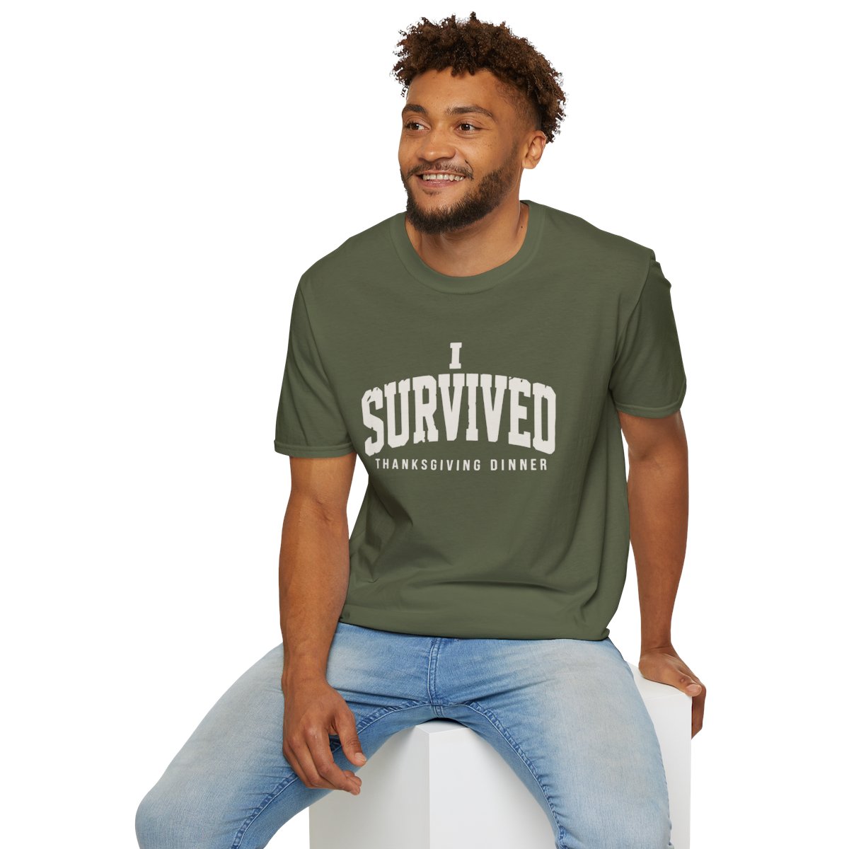 I Survived Thanksgiving Dinner T-Shirt in Military Green, worn by a model (lifestyle shot)