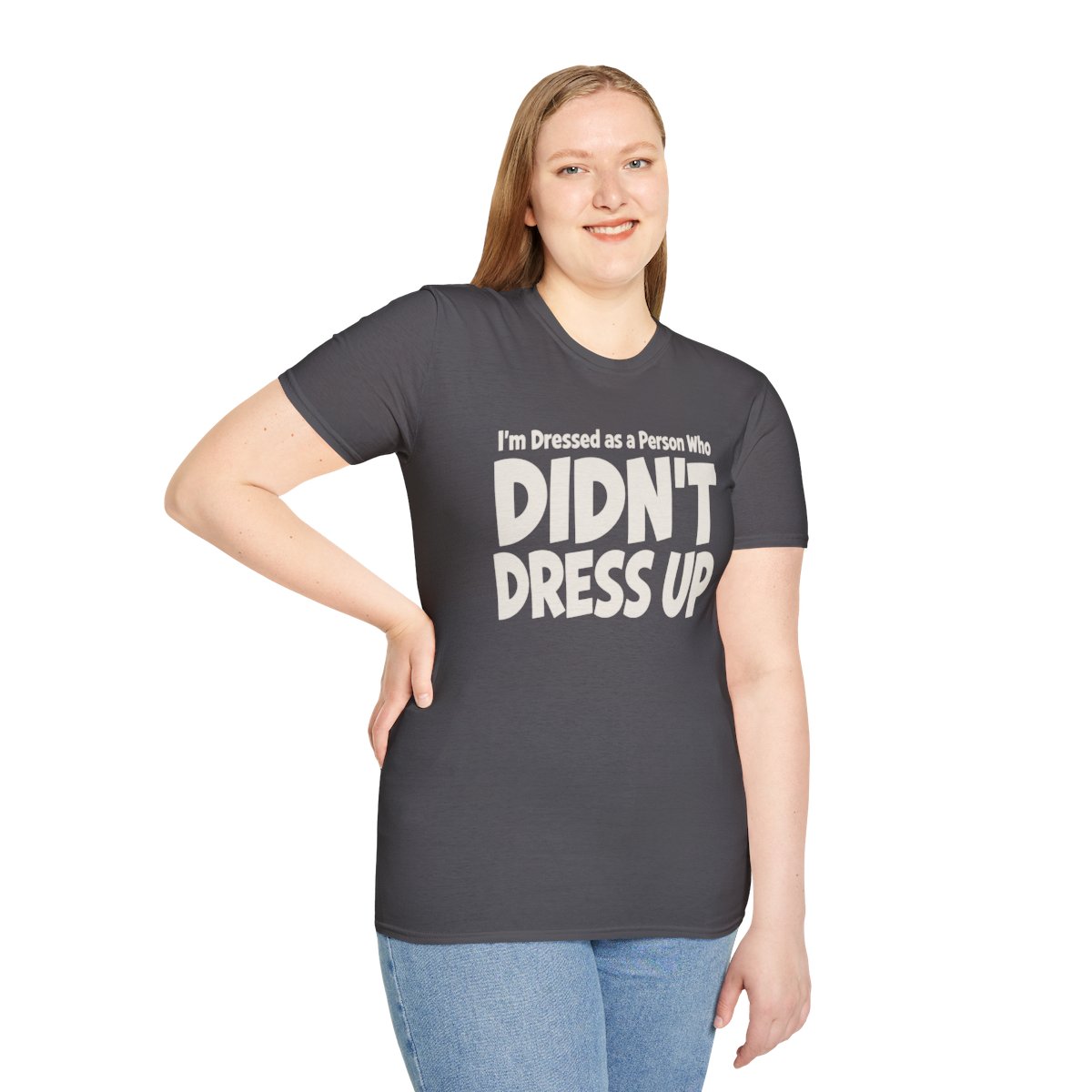 I'm Dressed as a Person Who Didn't Dress Up Halloween T-Shirt in Charcoal, worn by a model (front view)