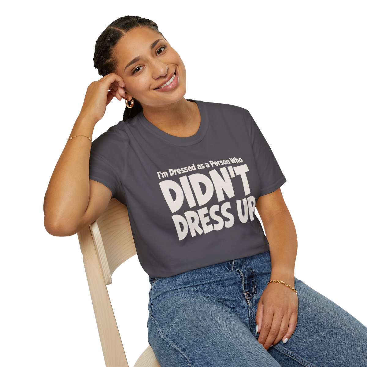 I'm Dressed as a Person Who Didn't Dress Up Halloween T-Shirt in Charcoal, worn by a model (lifestyle shot)
