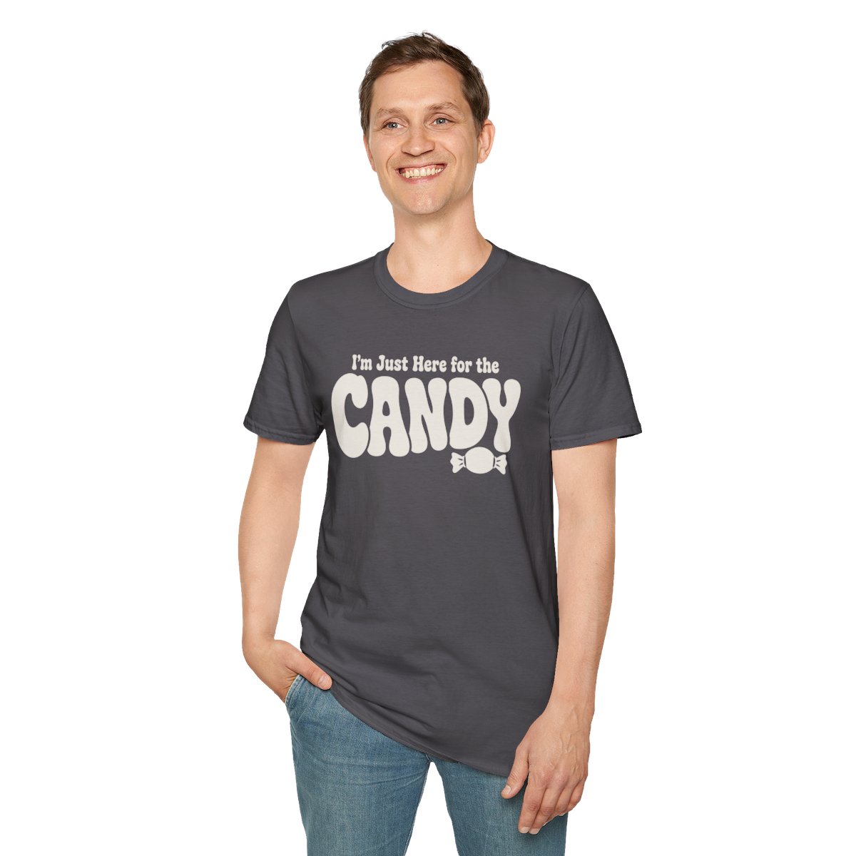 I'm Just Here for the Candy Halloween T-Shirt in Charcoal, worn by a model (front view)