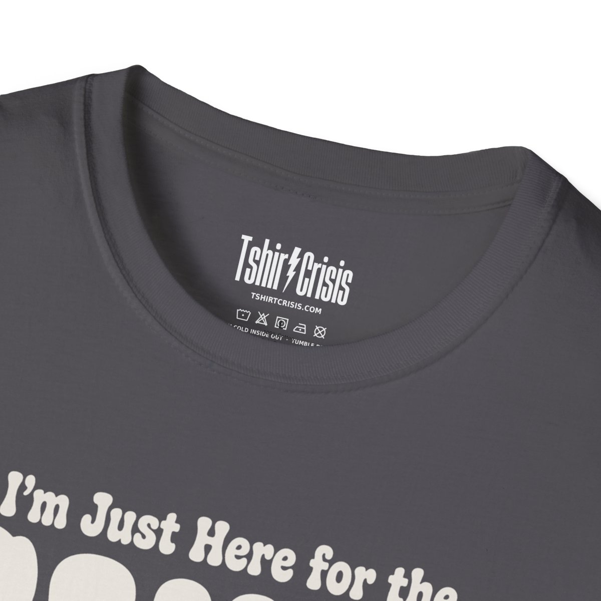 I'm Just Here for the Candy Halloween T-Shirt in Charcoal, branded inside neck label