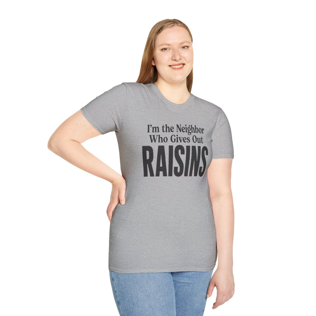 I'm the Neighbor Who Gives Out Raisins Halloween T-Shirt in Sport Grey, worn by a model (front view)