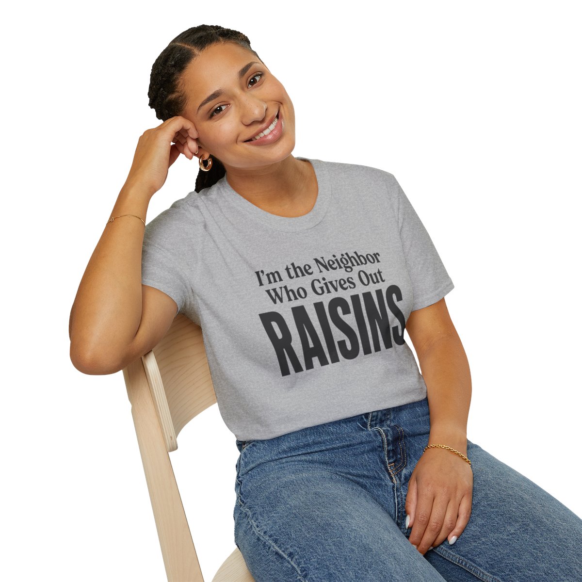 I'm the Neighbor Who Gives Out Raisins Halloween T-Shirt in Sport Grey, worn by a model (lifestyle shot)