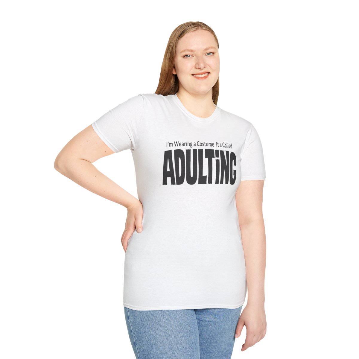 I'm Wearing a Costume. It's Called Adulting Halloween T-Shirt in White, worn by a model (front view)