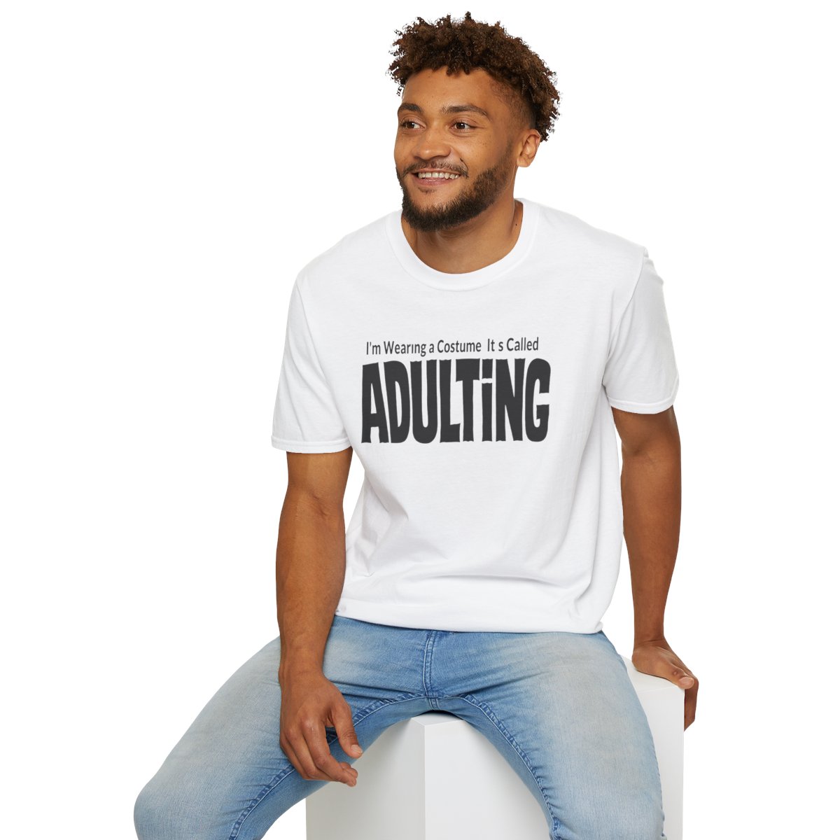 I'm Wearing a Costume. It's Called Adulting Halloween T-Shirt in White, worn by a model (lifestyle shot)