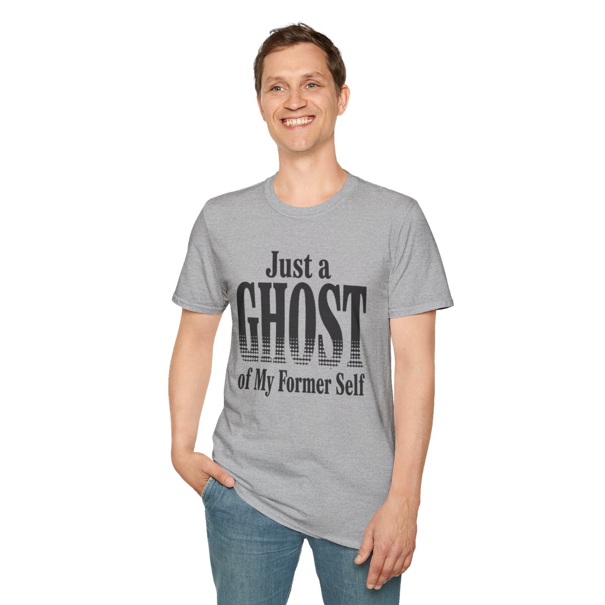 Just a Ghost of My Former Self Halloween T-Shirt in Sport Grey, worn by a model (front view)