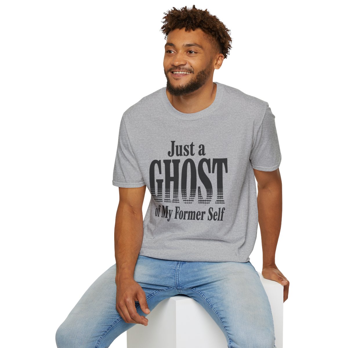 Just a Ghost of My Former Self Halloween T-Shirt in Sport Grey, worn by a model (lifestyle shot)