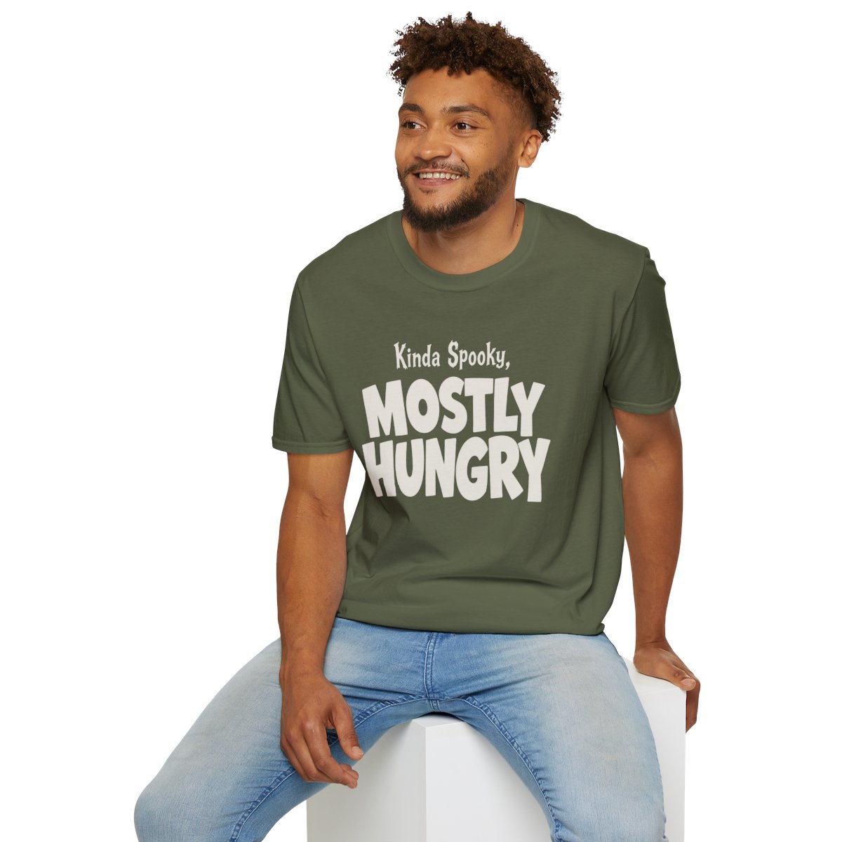 Kinda Spooky, Mostly Hungry Halloween T-Shirt in Military Green, worn by a model (lifestyle shot)