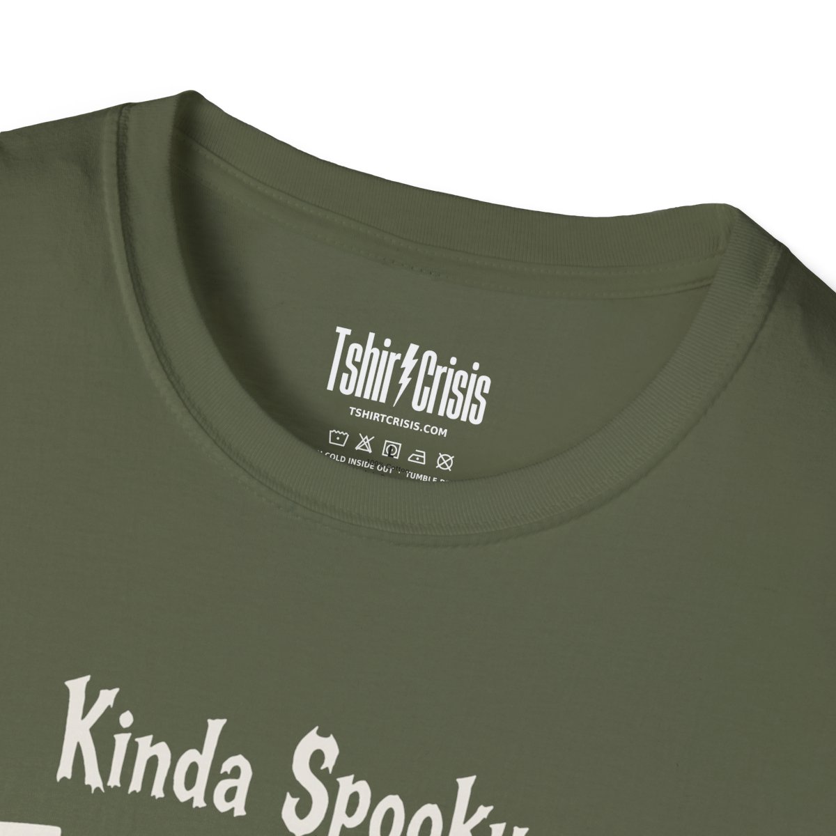 Kinda Spooky, Mostly Hungry Halloween T-Shirt in Military Green, branded inside neck label
