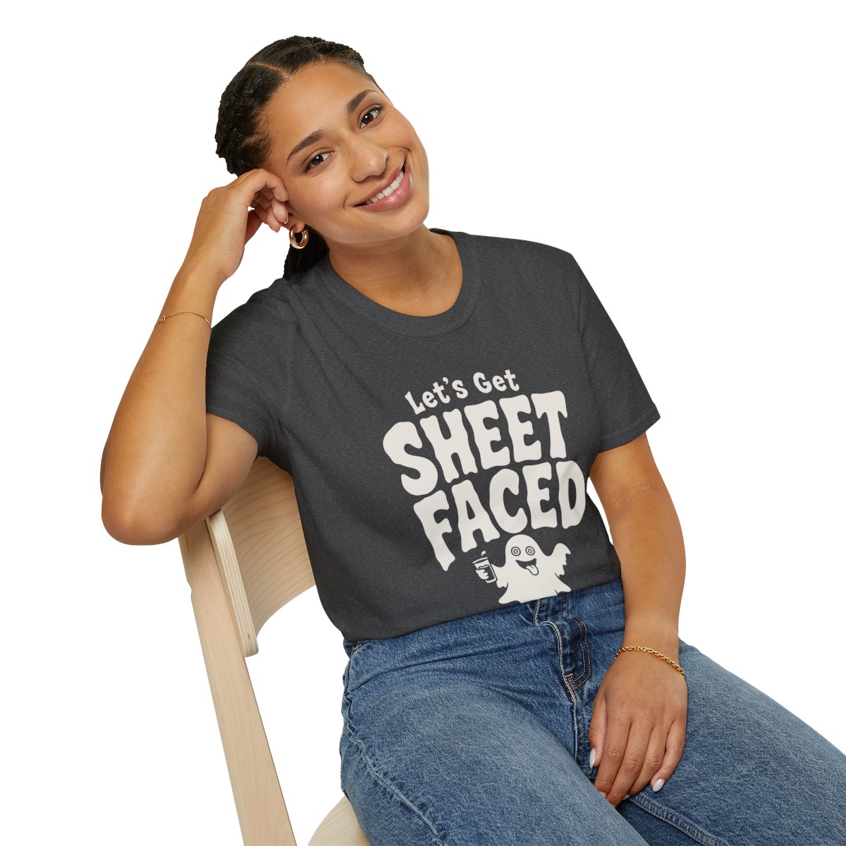 Let's Get Sheet Faced Halloween T-Shirt in Dark Heather, worn by a model (lifestyle shot)