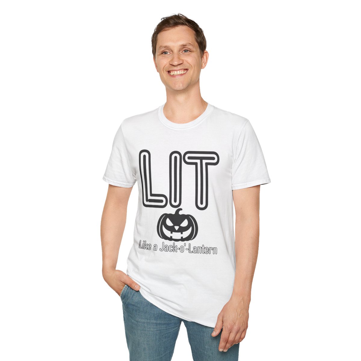 Lit Like a Jack-o'-Lantern Halloween T-Shirt in White, worn by a model (front view)