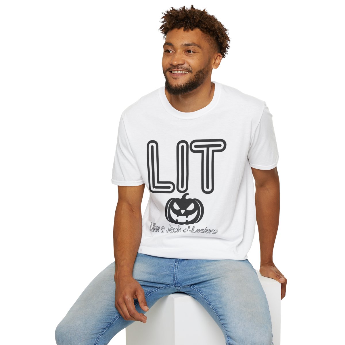 Lit Like a Jack-o'-Lantern Halloween T-Shirt in White, worn by a model (lifestyle shot)