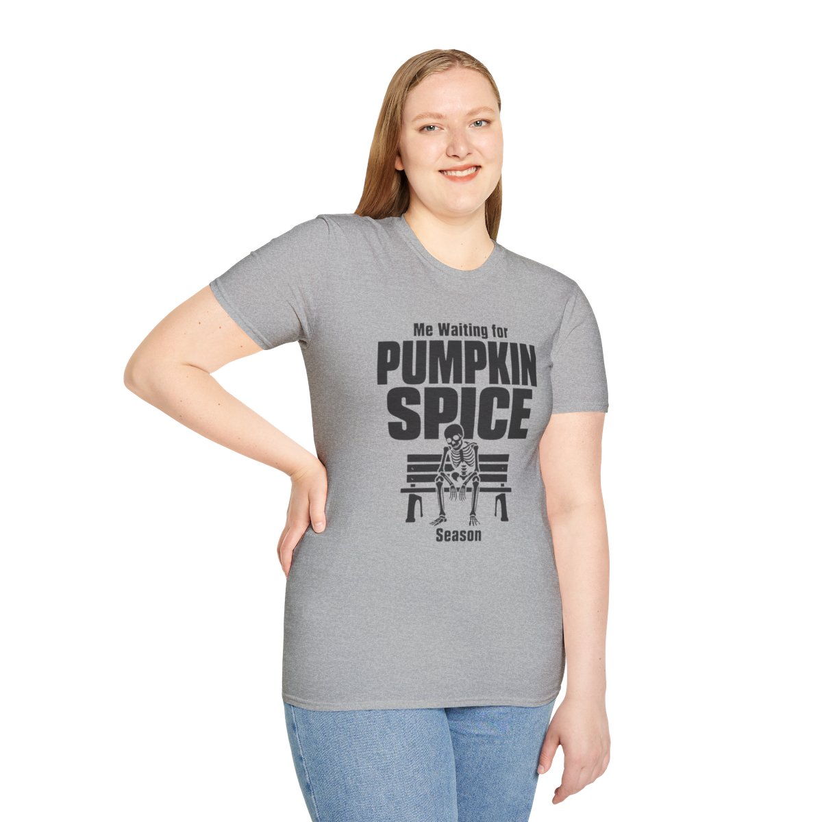 Me Waiting for Pumpkin Spice Season Halloween T-Shirt in Sport Grey, worn by a model (front view)