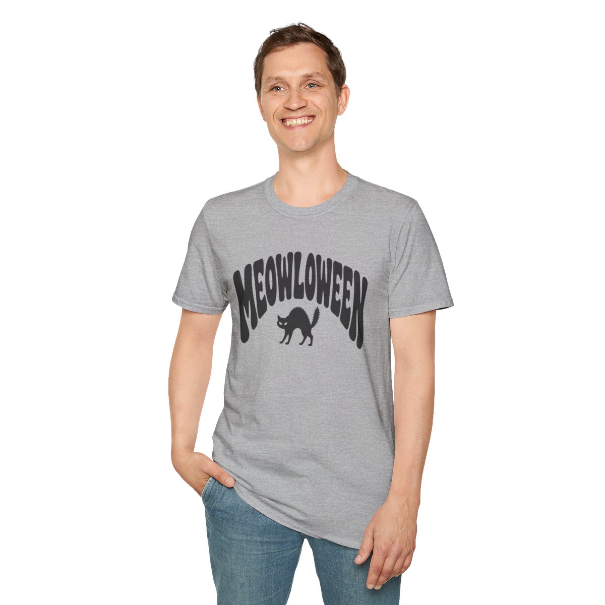 Meowloween Halloween T-Shirt in Sport Grey, worn by a model (front view)