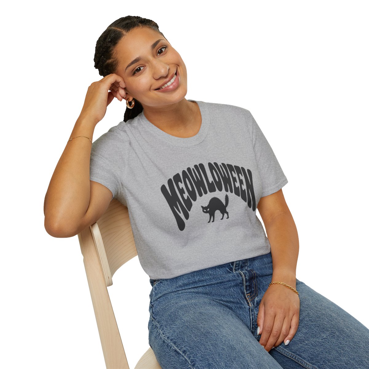 Meowloween Halloween T-Shirt in Sport Grey, worn by a model (lifestyle shot)