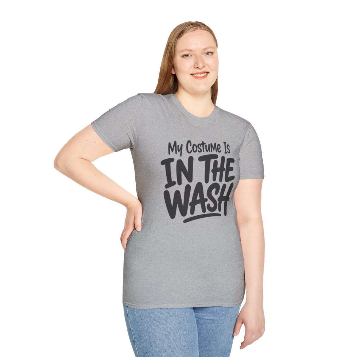My Costume Is in the Wash Halloween T-Shirt in Sport Grey, worn by a model (front view)