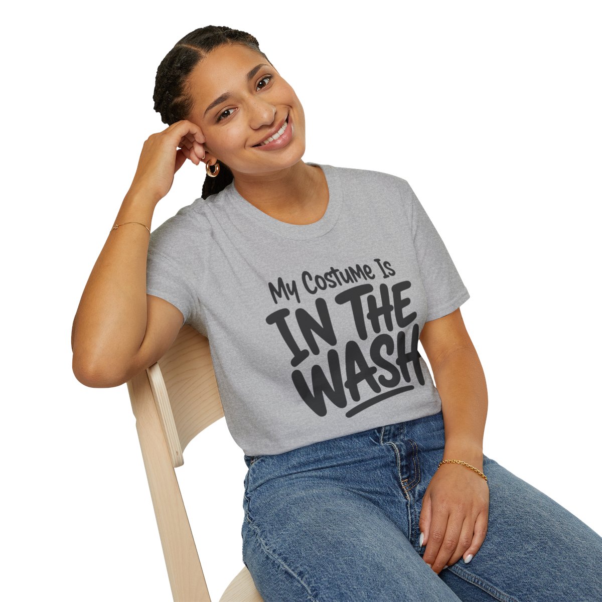 My Costume Is in the Wash Halloween T-Shirt in Sport Grey, worn by a model (lifestyle shot)