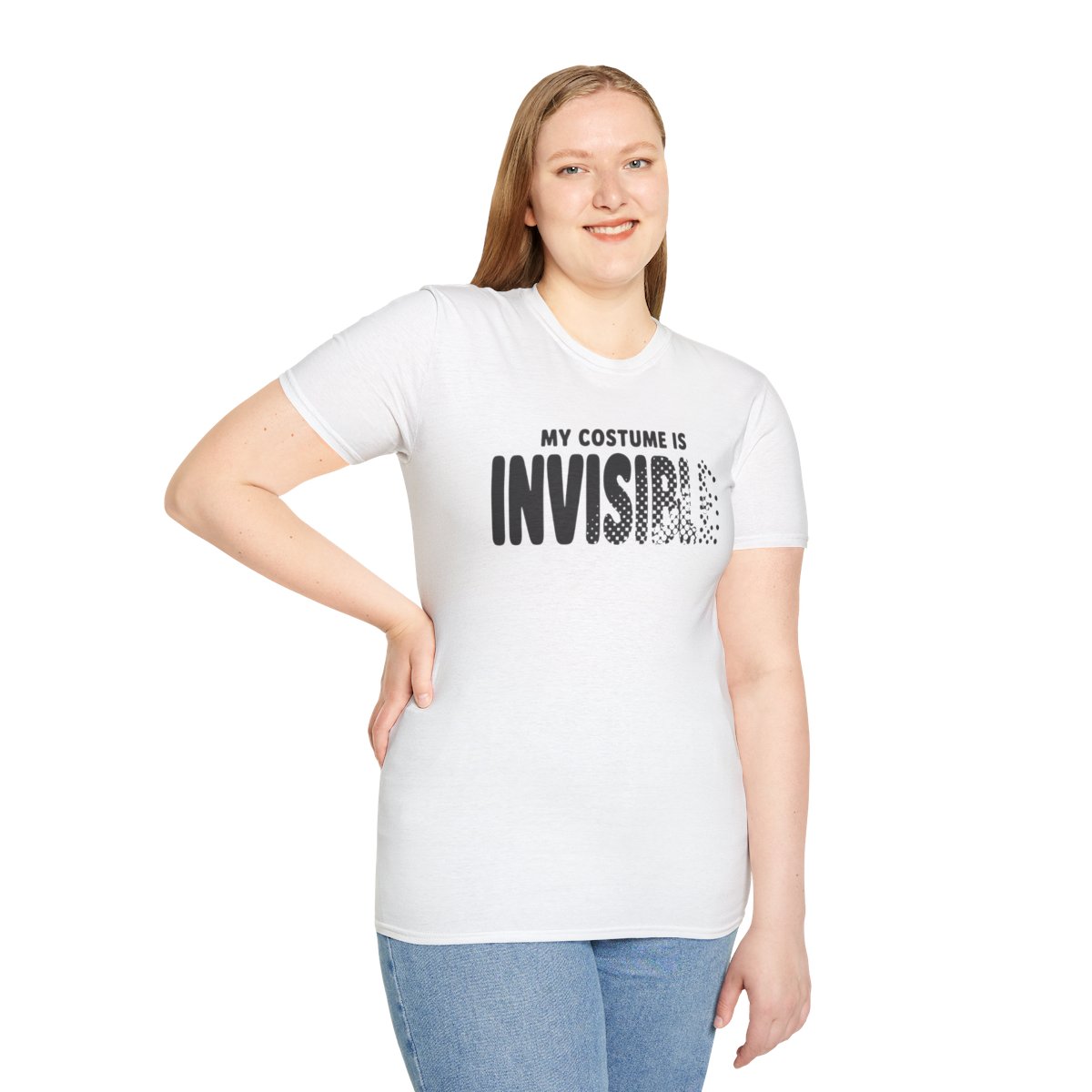 My Costume Is Invisible Halloween T-Shirt in White, worn by a model (front view)