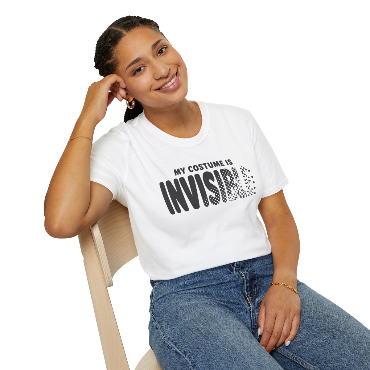 My Costume Is Invisible Halloween T-Shirt in White, worn by a model (lifestyle shot)