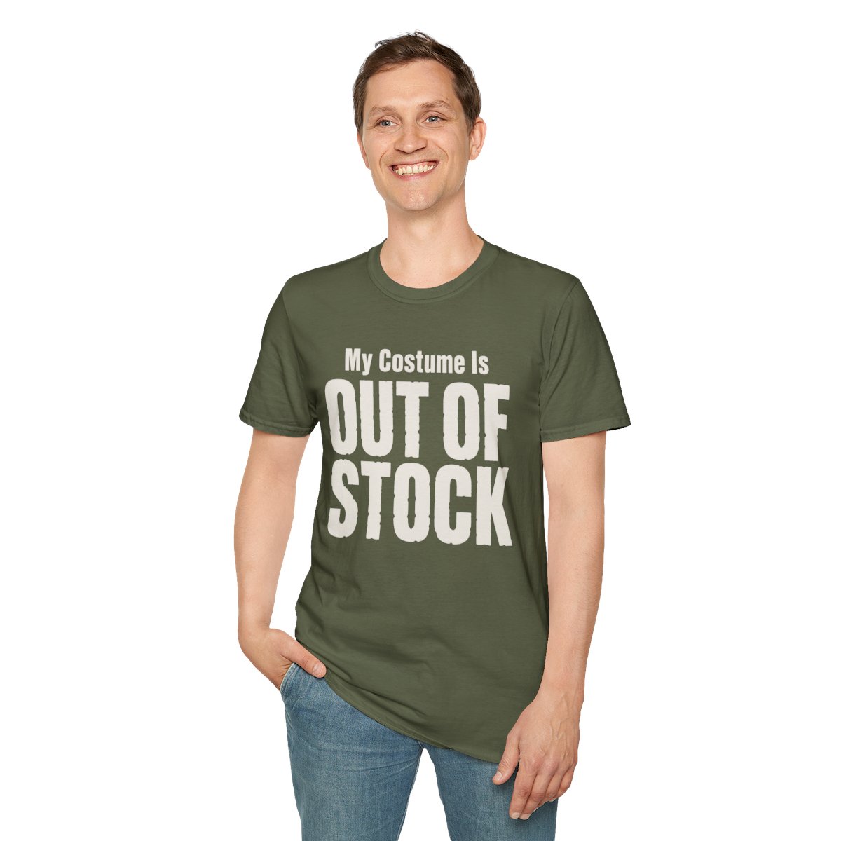My Costume Is Out of Stock Halloween T-Shirt in Military Green, worn by a model (front view)