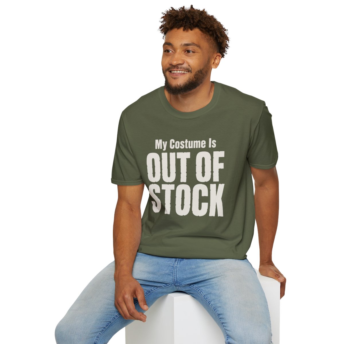 My Costume Is Out of Stock Halloween T-Shirt in Military Green, worn by a model (lifestyle shot)