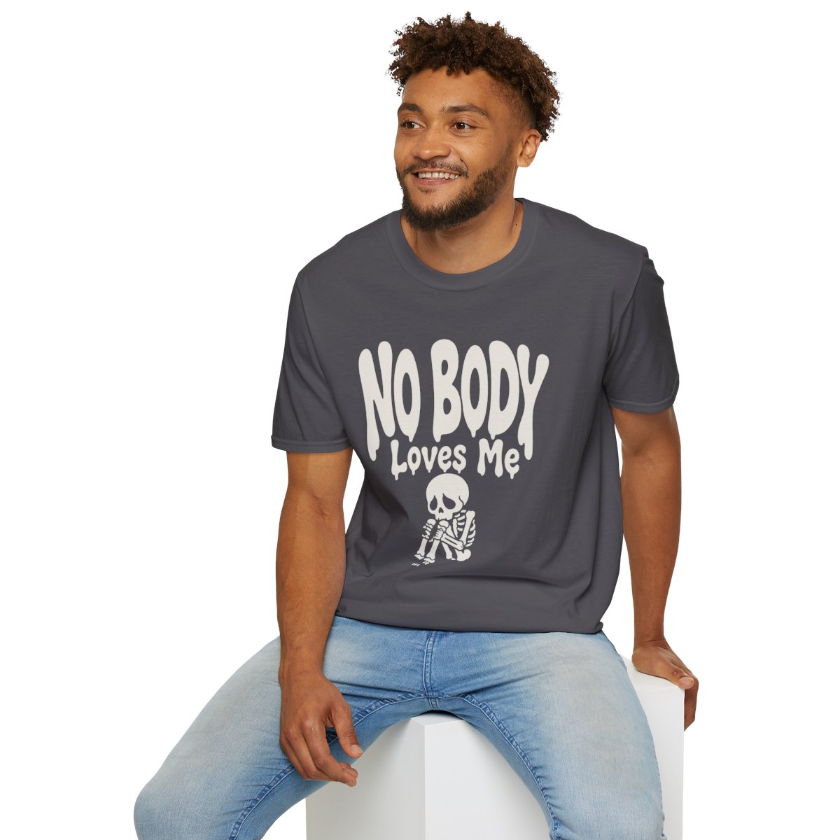 No Body Loves Me Halloween T-Shirt in Charcoal, worn by a model (lifestyle shot)