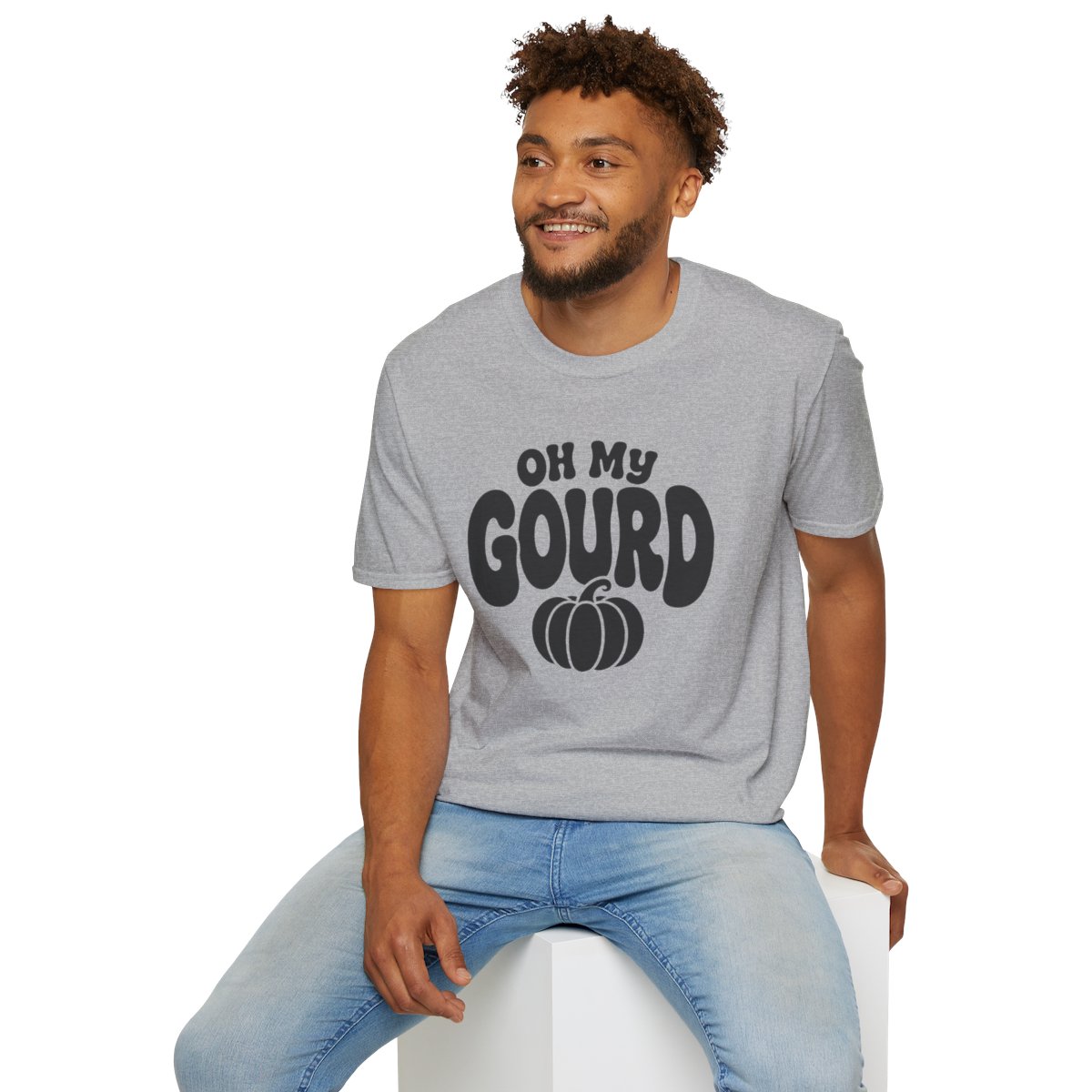 Oh My Gourd Halloween T-Shirt in Sport Grey, worn by a model (lifestyle shot)
