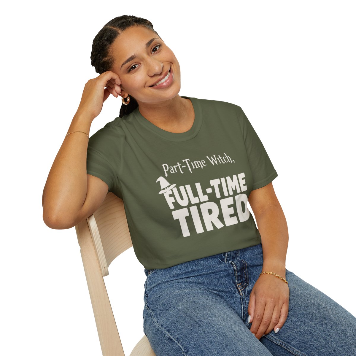Part-Time Witch, Full-Time Tired Halloween T-Shirt in Military Green, worn by a model (lifestyle shot)