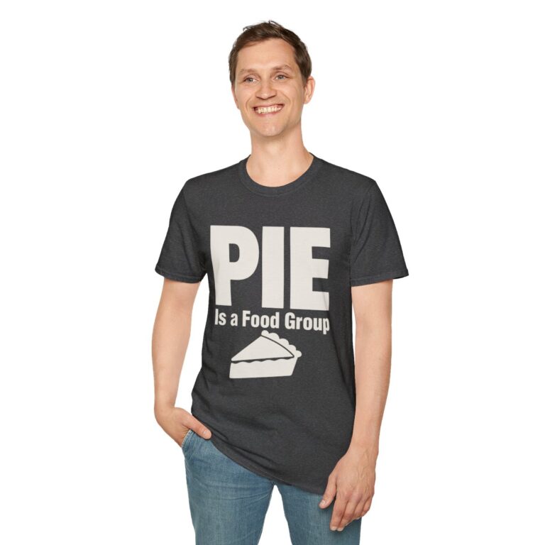 Pie Is a Food Group Thanksgiving T-Shirt in Dark Heather, worn by a model (front view)