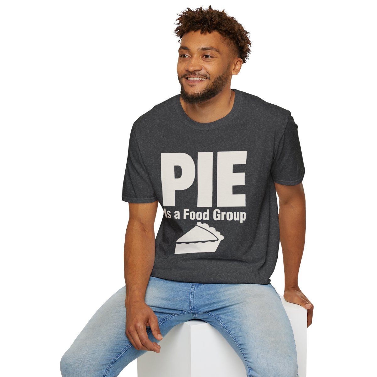 Pie Is a Food Group Thanksgiving T-Shirt in Dark Heather, worn by a model (lifestyle shot)