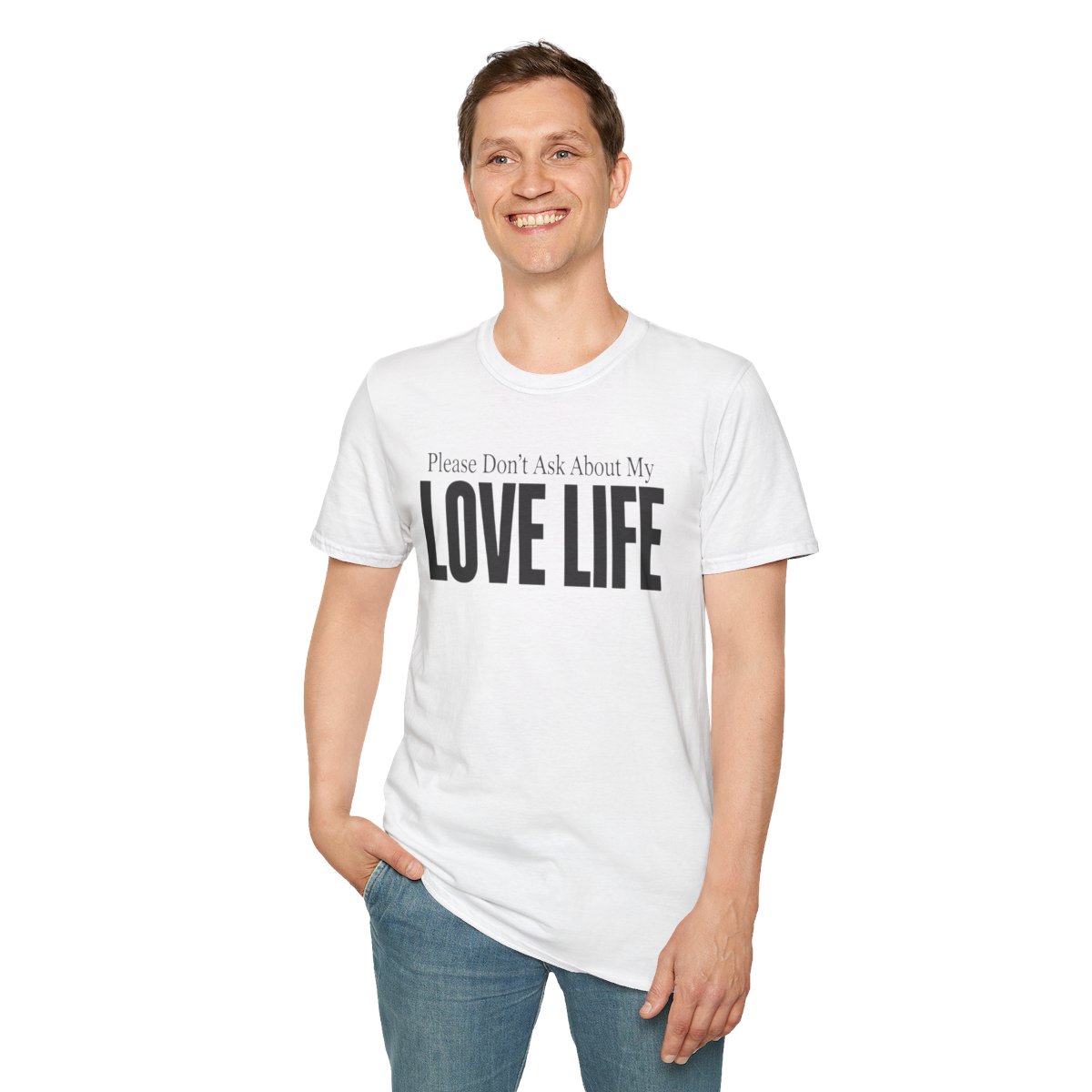 Please Don't Ask About My Love Life Thanksgiving T-Shirt in White, worn by a model (front view)