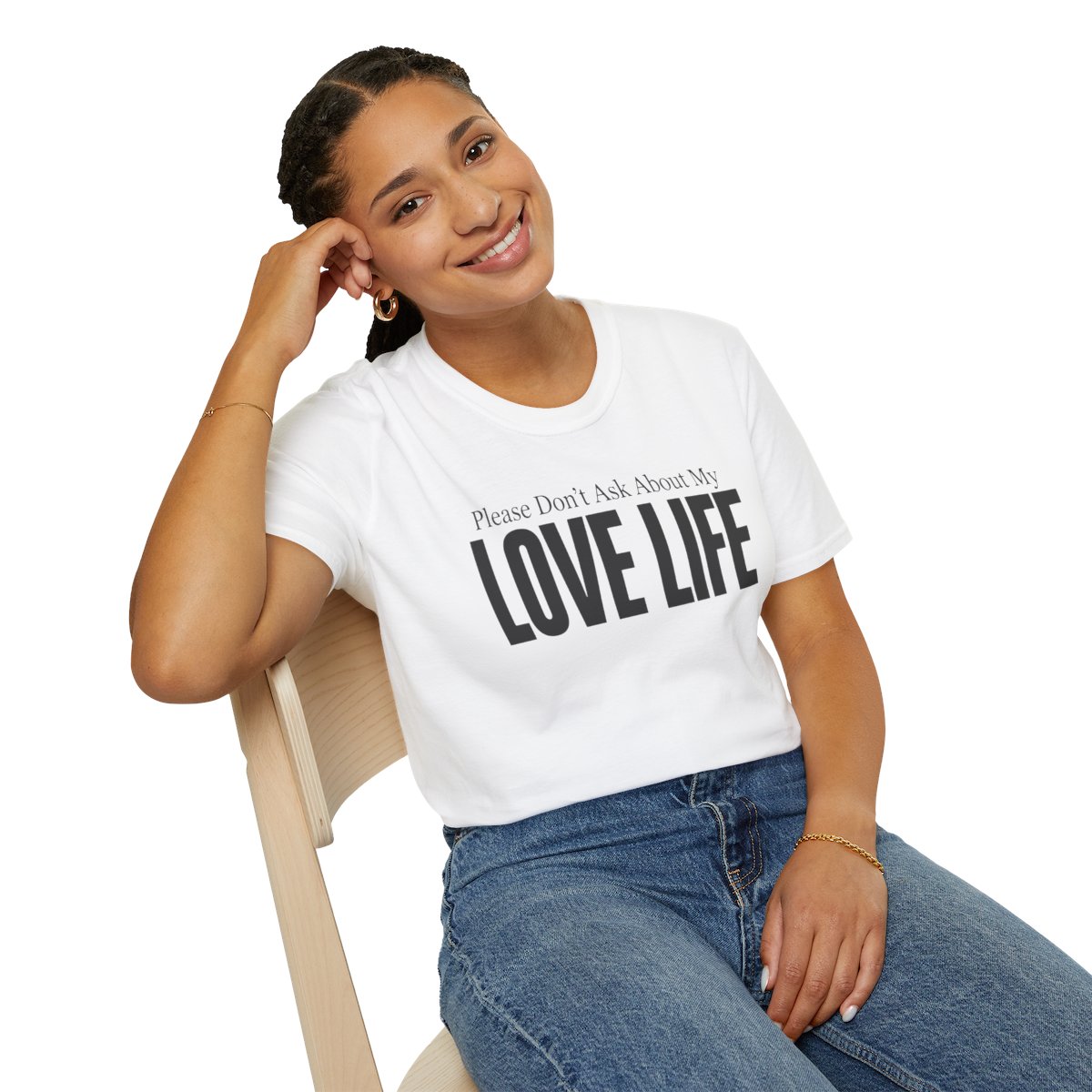 Please Don't Ask About My Love Life Thanksgiving T-Shirt in White, worn by a model (lifestyle shot)
