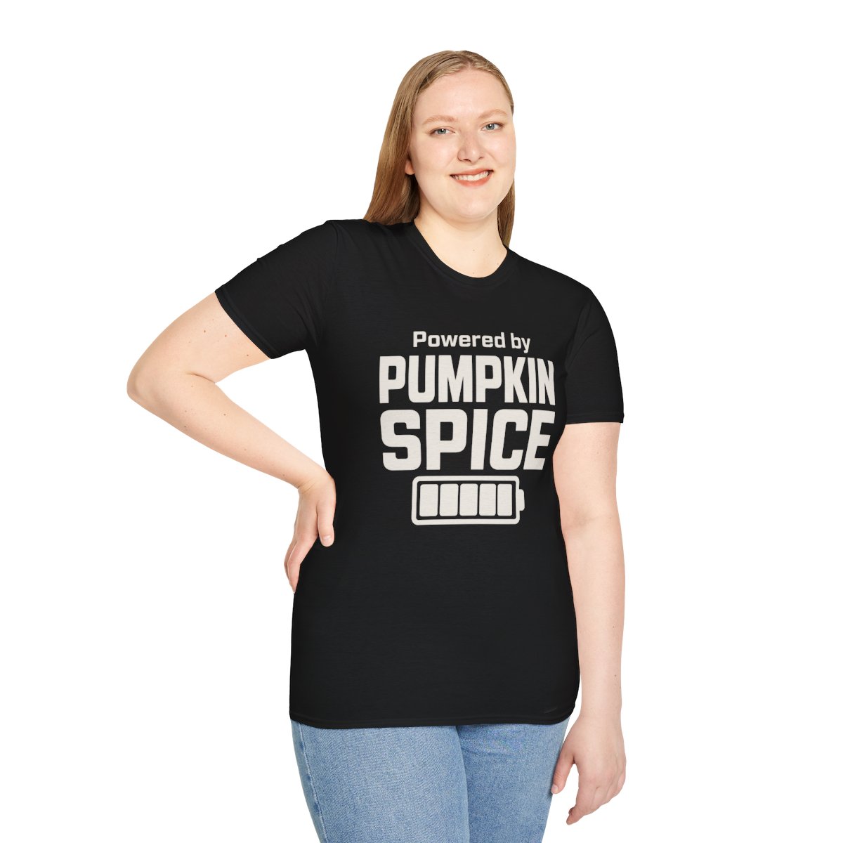 Powered by Pumpkin Spice Halloween T-Shirt in Black, worn by a model (front view)
