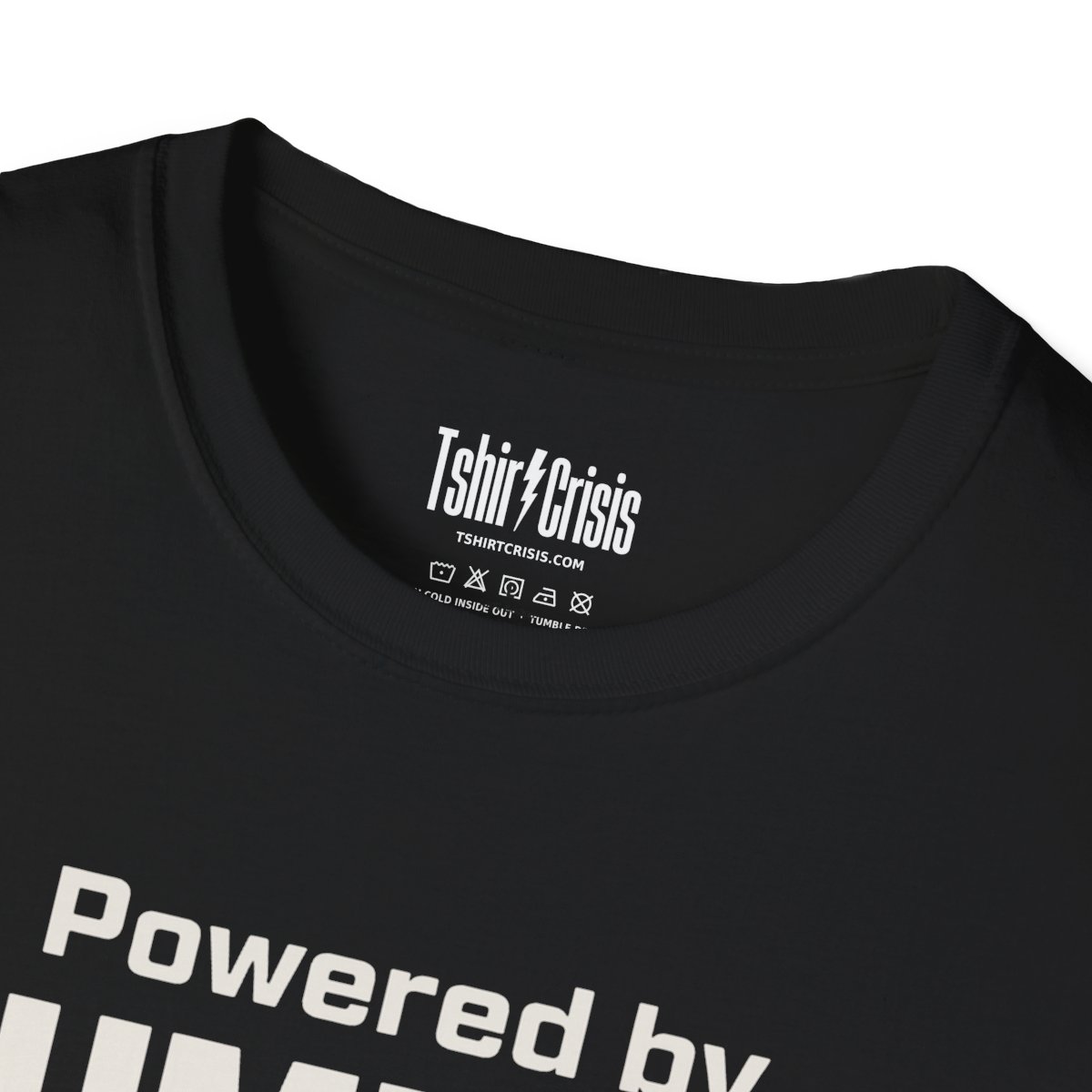 Powered by Pumpkin Spice Halloween T-Shirt in Black, branded inside neck label