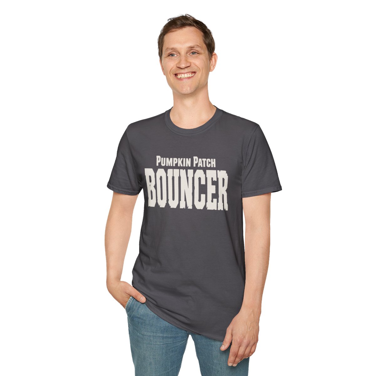 Pumpkin Patch Bouncer Halloween T-Shirt in Charcoal, worn by a model (front view)