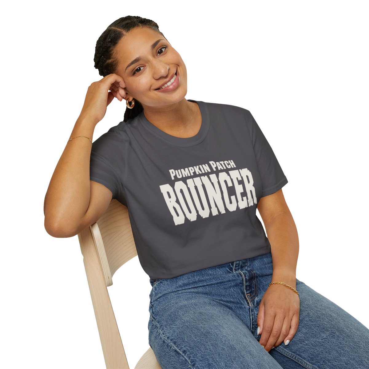 Pumpkin Patch Bouncer Halloween T-Shirt in Charcoal, worn by a model (lifestyle shot)