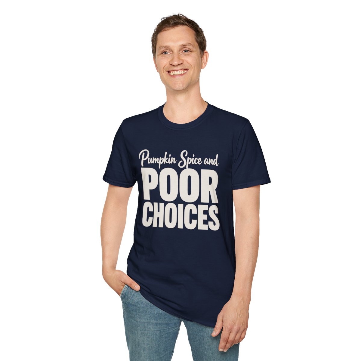 Pumpkin Spice and Poor Choices Halloween T-Shirt in Navy, worn by a model (front view)