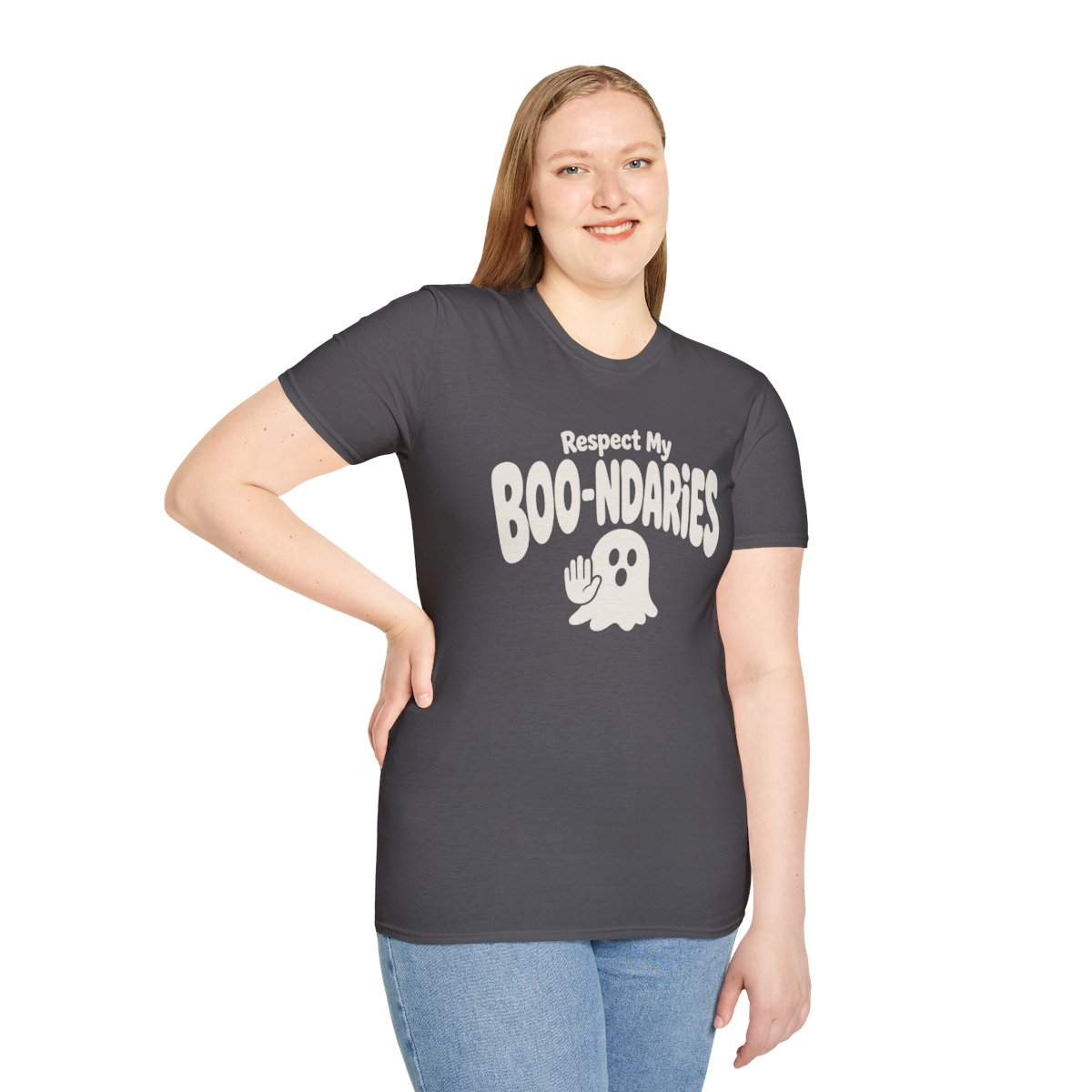 Respect My Boo-ndaries Halloween T-Shirt in Charcoal, worn by a model (front view)