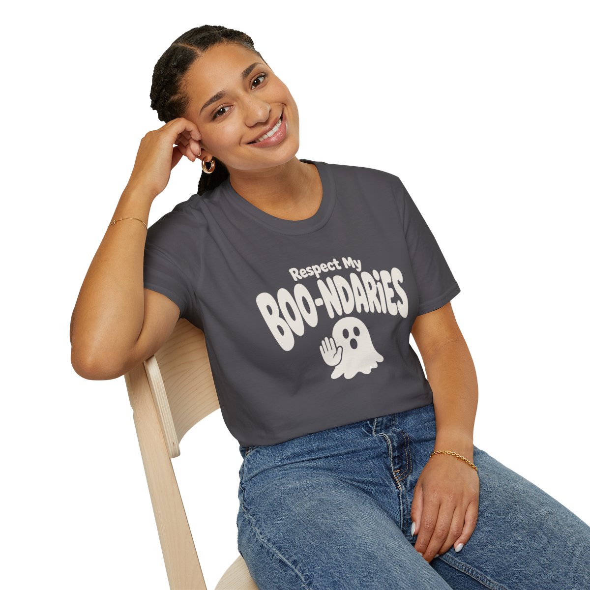 Respect My Boo-ndaries Halloween T-Shirt in Charcoal, worn by a model (lifestyle shot)
