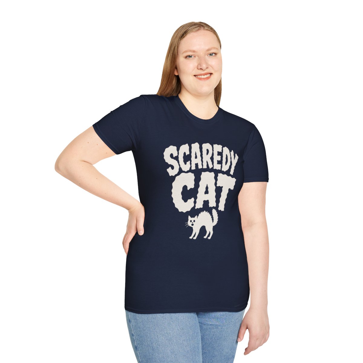 Scaredy Cat Halloween T-Shirt in Navy, worn by a model (front view)