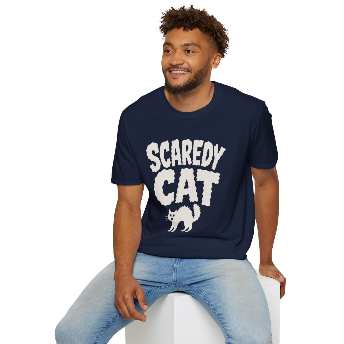 Scaredy Cat Halloween T-Shirt in Navy, worn by a model (lifestyle shot)