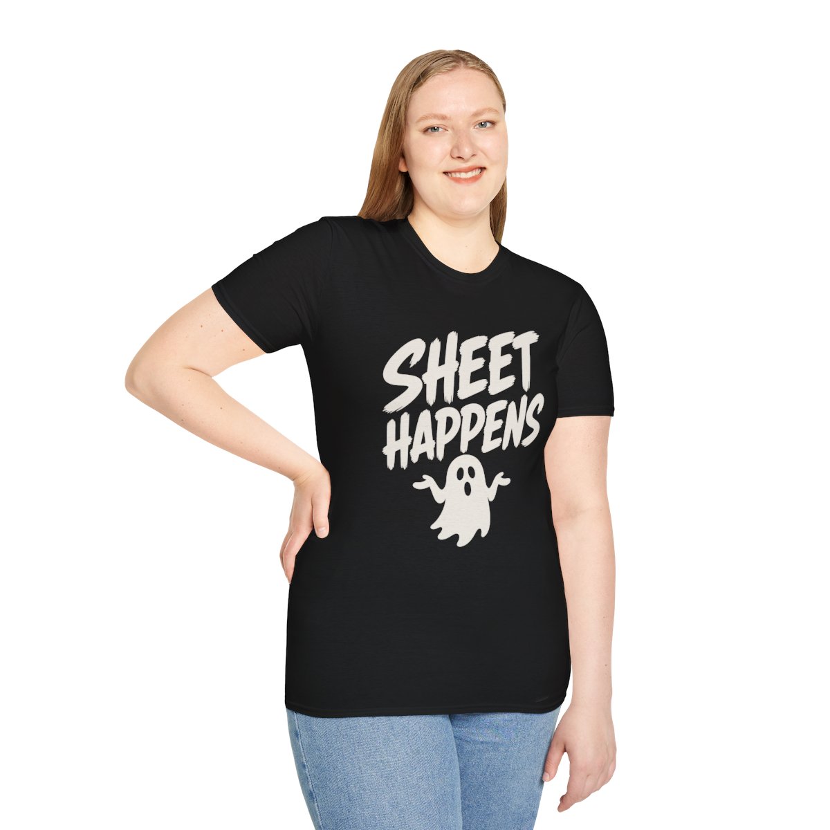 Sheet Happens Halloween T-Shirt in Black, worn by a model (front view)