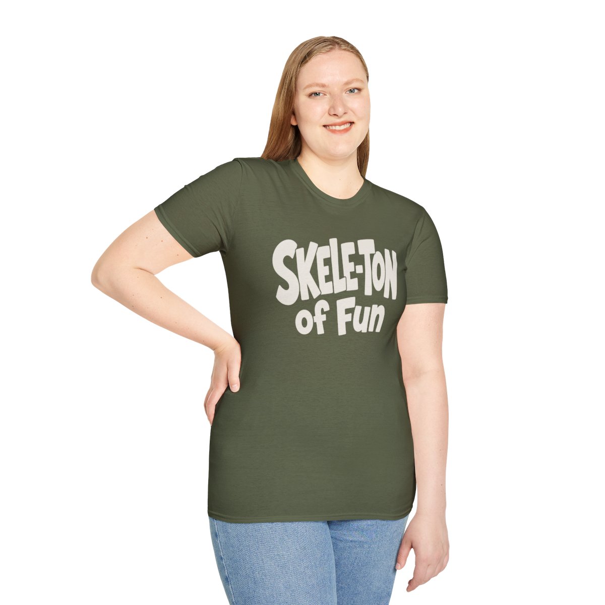 Skele-Ton of Fun Halloween T-Shirt in Military Green, worn by a model (front view)