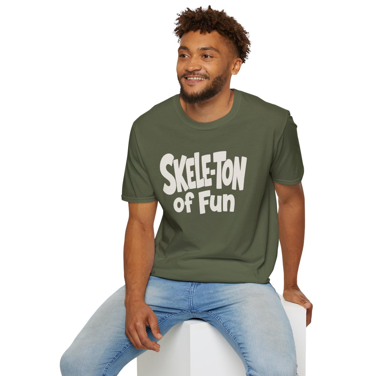Skele-Ton of Fun Halloween T-Shirt in Military Green, worn by a model (lifestyle shot)