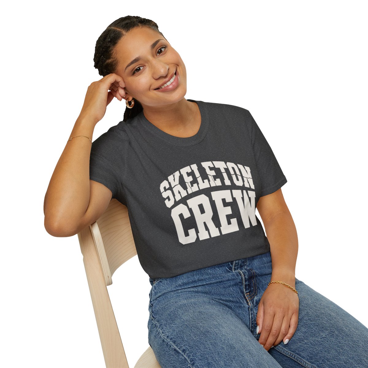 Skeleton Crew Halloween T-Shirt in Dark Heather, worn by a model (lifestyle shot)