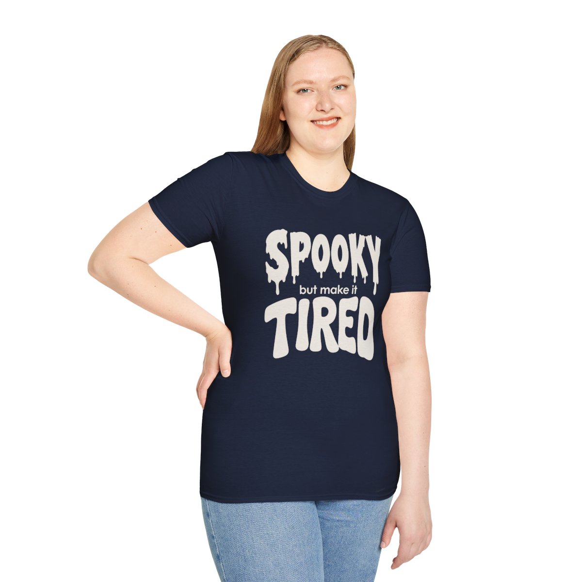 Spooky But Make It Tired Halloween T-Shirt in Navy, worn by a model (front view)