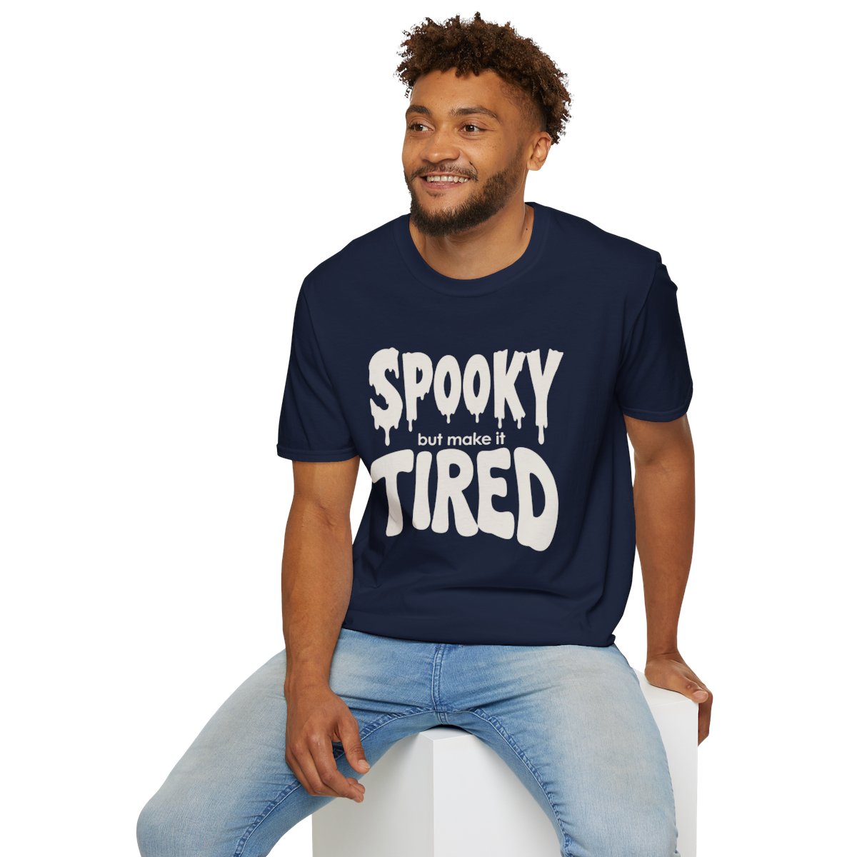 Spooky But Make It Tired Halloween T-Shirt in Navy, worn by a model (lifestyle shot)