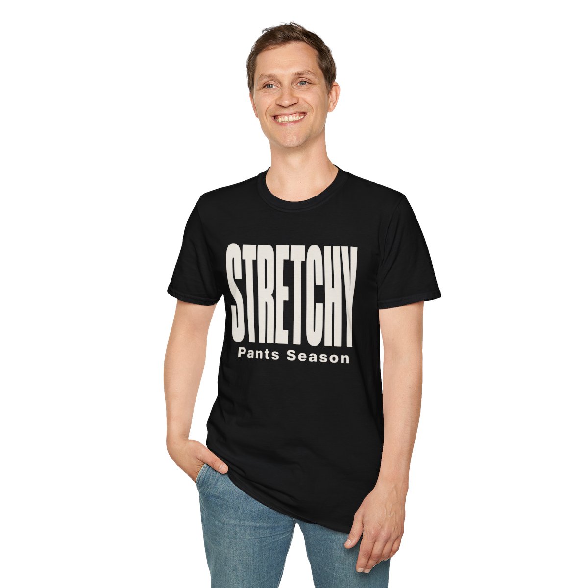 Stretchy Pants Season Thanksgiving T-Shirt in Black, worn by a model (front view)